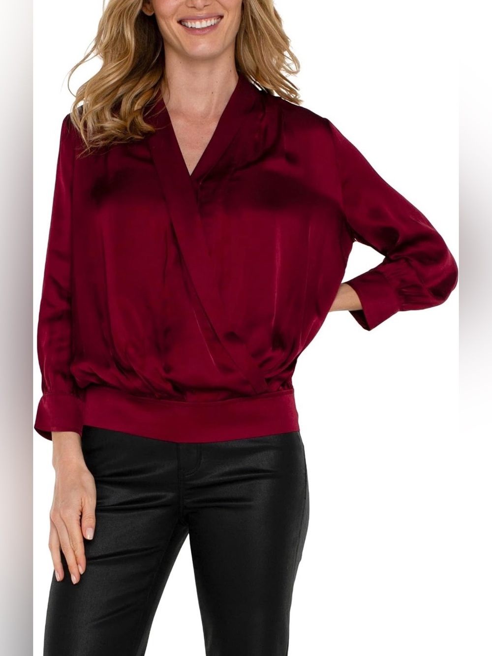 Liverpool Los Angeles Burgandy Shawl Wrap Front Bracelet Sleeve Blouse size XL